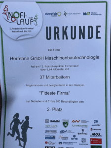 Urkunde für die Hermann GmbH Maschinenbautechnologie, ausgezeichnet mit dem 2. Platz als „Fitteste Firma“ beim 12. Nofi Firmenlauf am 8. Mai 2024. Legt 5,84 km mit 37 Mitarbeitern zurück. Inklusive Firmenlogos am unteren Rand.